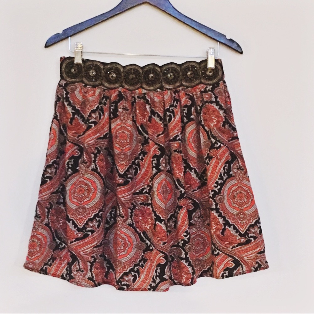 Paisley and beaded embellished  flare mini skirt